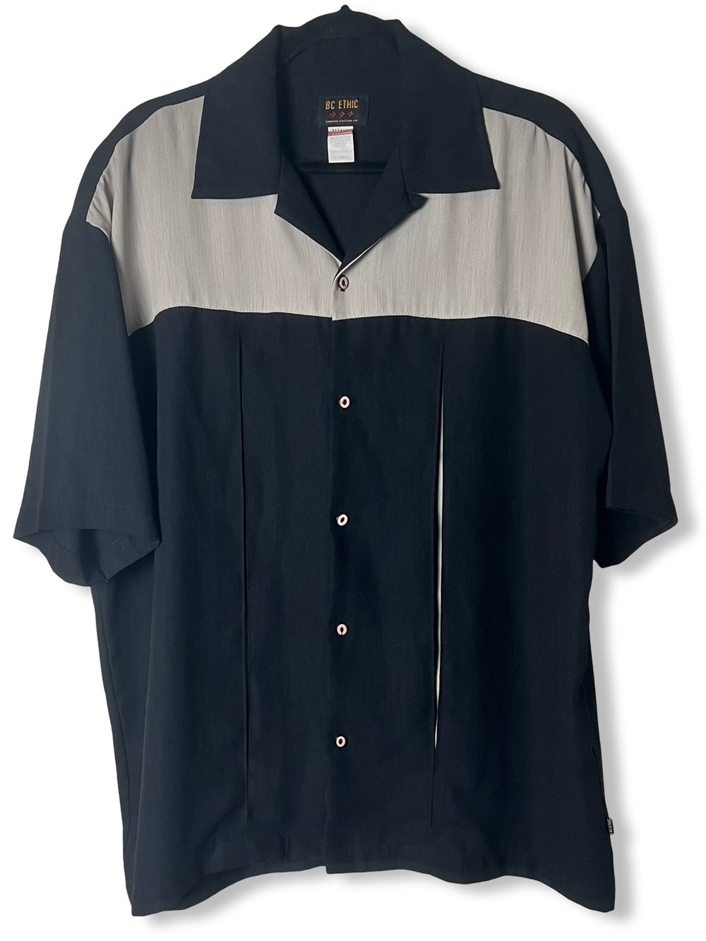 BC‎ Ethic Vintage Bowling Shirt Black Taupe Colorblock Smooth Fit Sz XL 90s